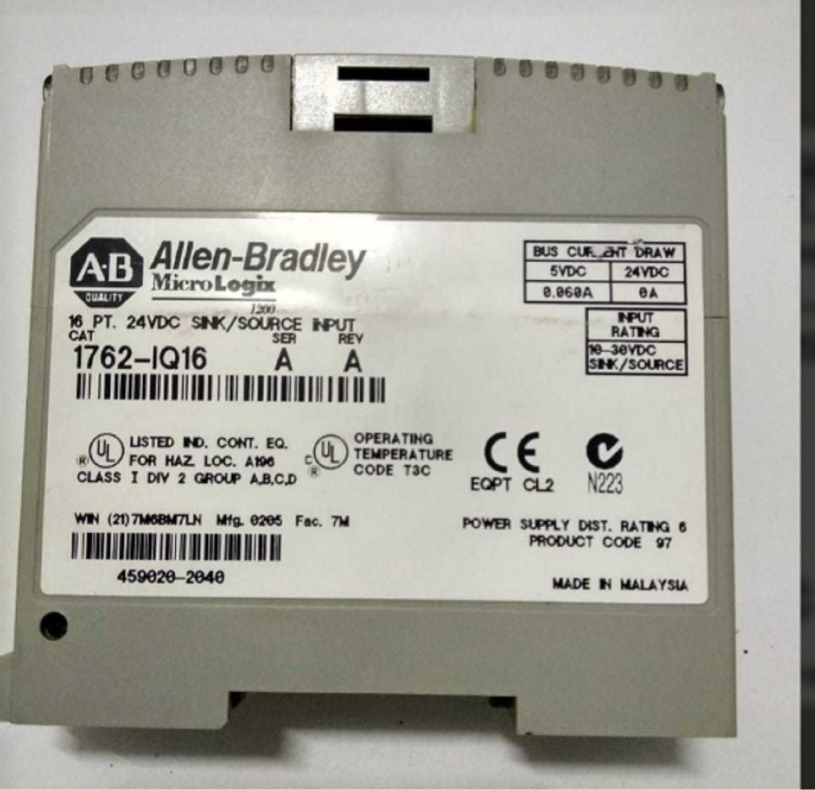 1762-IQ16 A A MicroLogix 1200 Input Sink Source Module Allen Bradley
